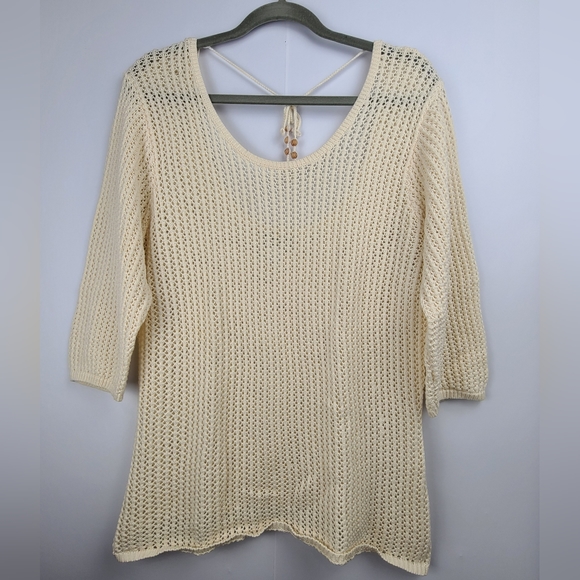 Old Navy vintage open back knit 3/4 sleeve beige coastal grandma sweater, sz XL - Picture 1 of 9